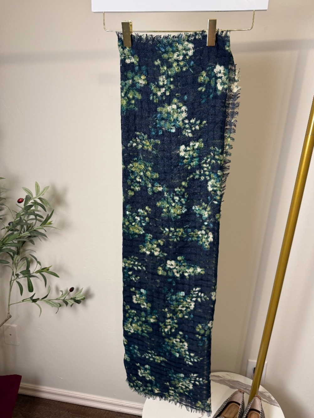 39" x 39" soft Navy, Teal and Green print floral scarf
